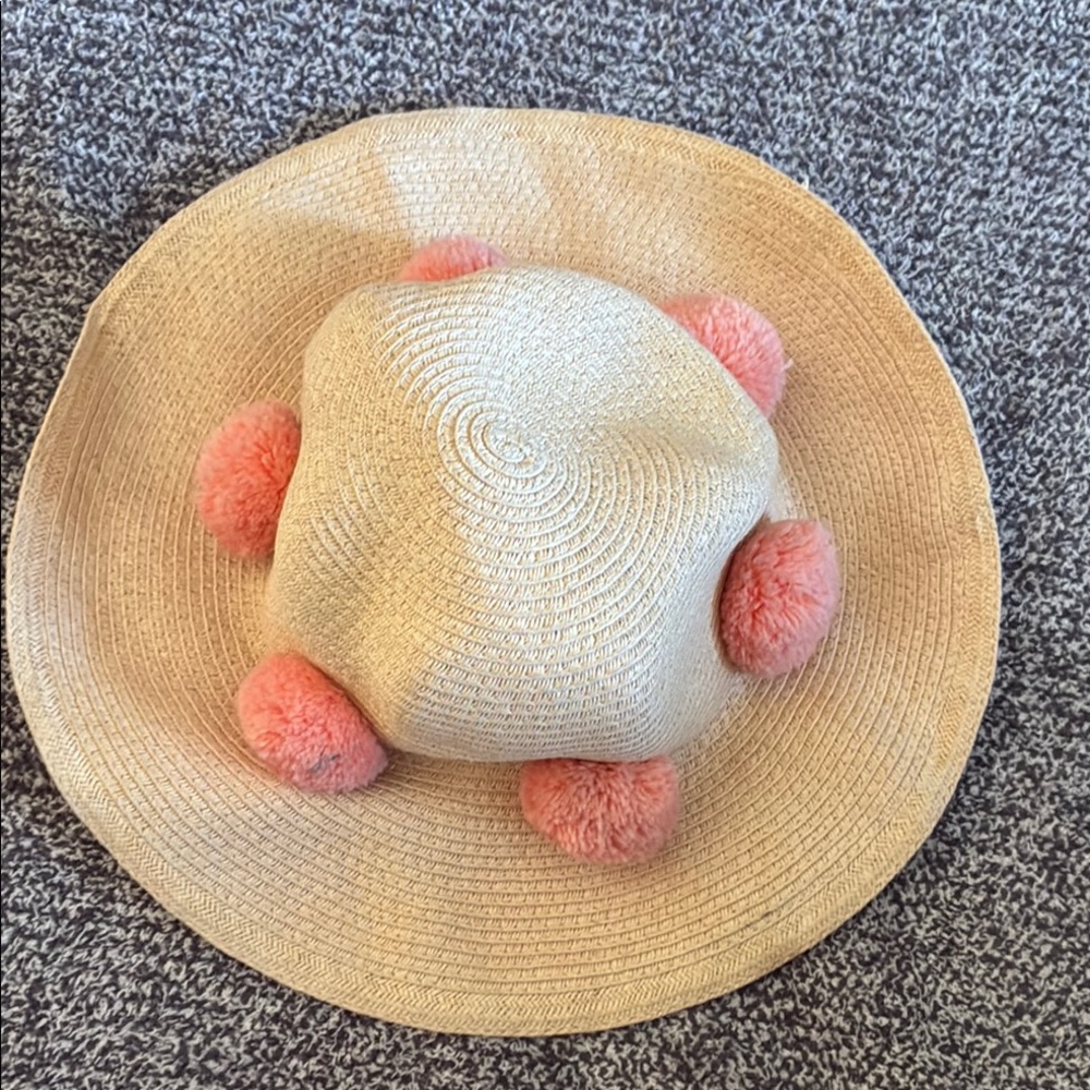 Janie and jack Beige Straw Hat with Pink Pom Poms